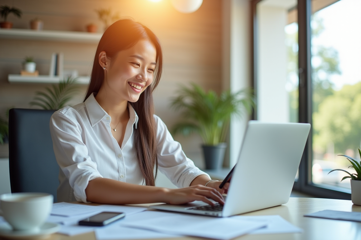 Jeune professionnel souriant utilisant un ordinateur portable au bureau
