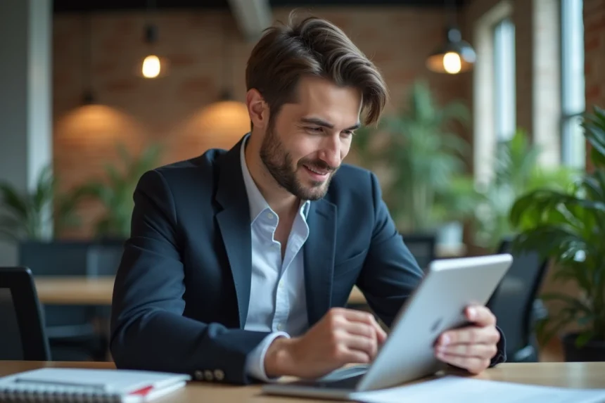 Jeune homme d'affaires en bureau moderne avec tablette
