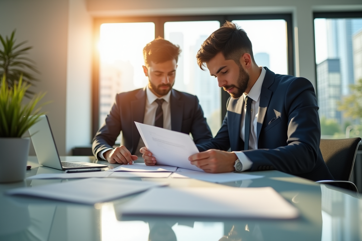 Jeune professionnel en affaires examine documents immobiliers