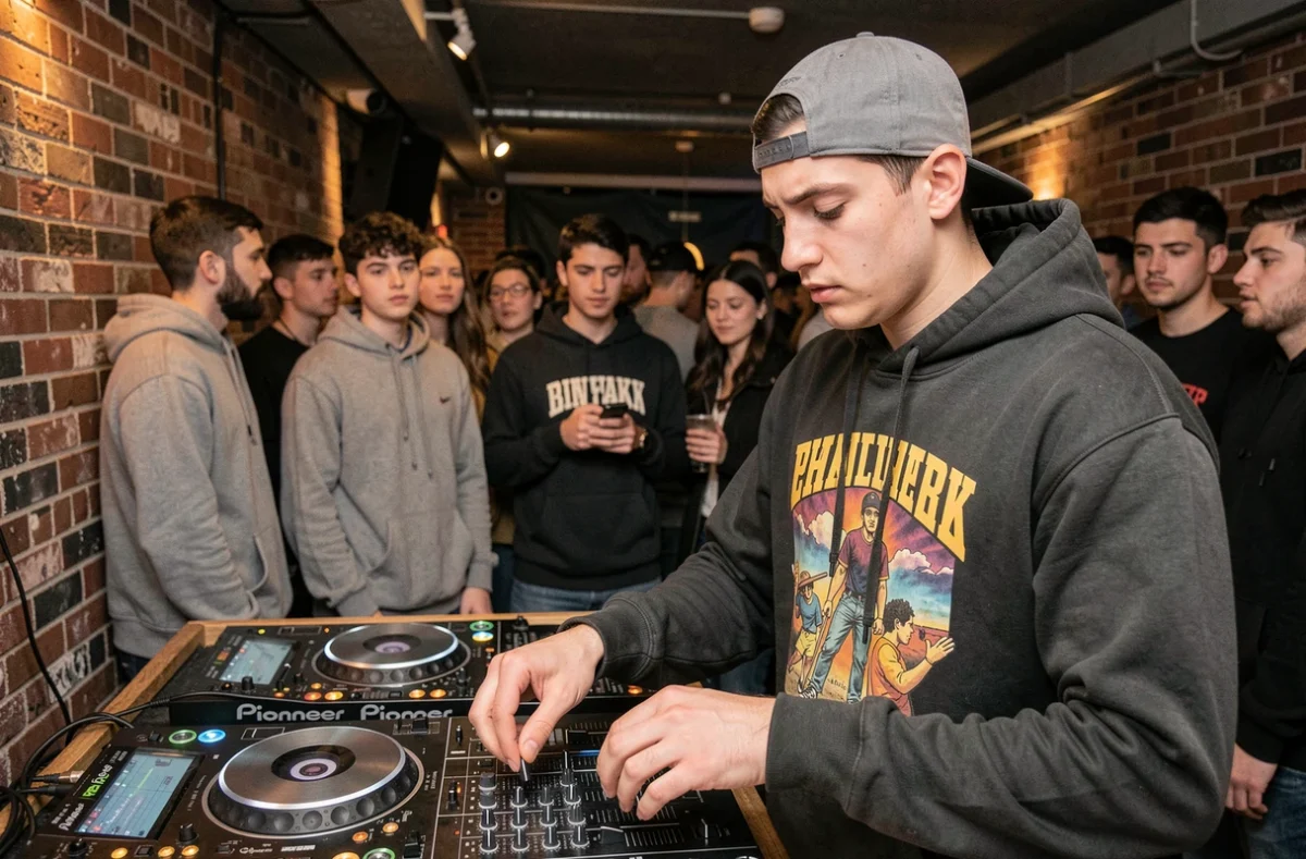 Jeune DJ talent en performance dans un petit club underground parisien