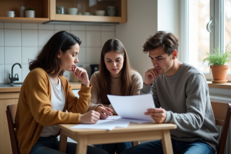 Trois jeunes adultes discutent de factures dans une cuisine