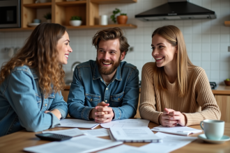 Trois jeunes adultes discutent autour d'une table de cuisine