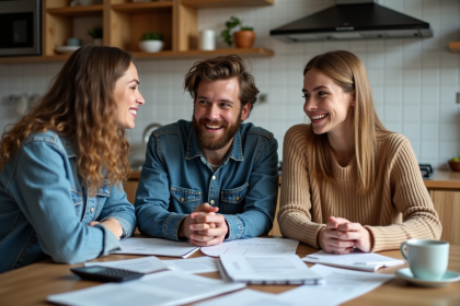 Trois jeunes adultes discutent autour d'une table de cuisine