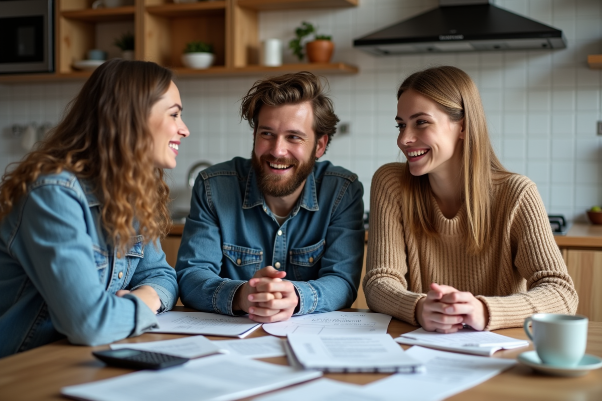 Trois jeunes adultes discutent autour d'une table de cuisine