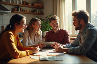 Jeunes adultes partageant des dépenses avec une tablette dans un appartement lumineux