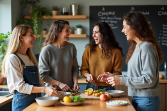 Jeunes adultes cuisinant ensemble dans une cuisine moderne