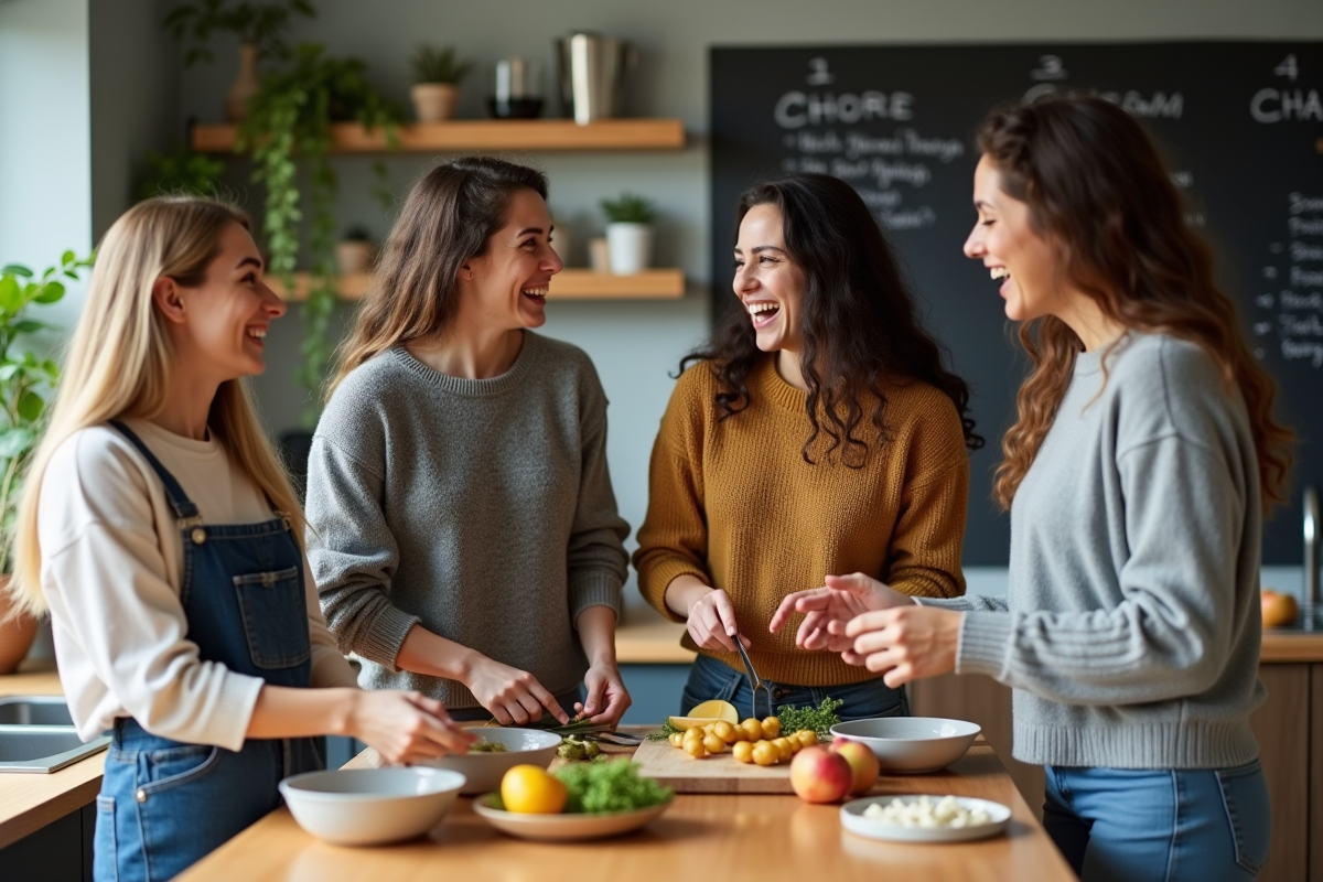 Jeunes adultes cuisinant ensemble dans une cuisine moderne
