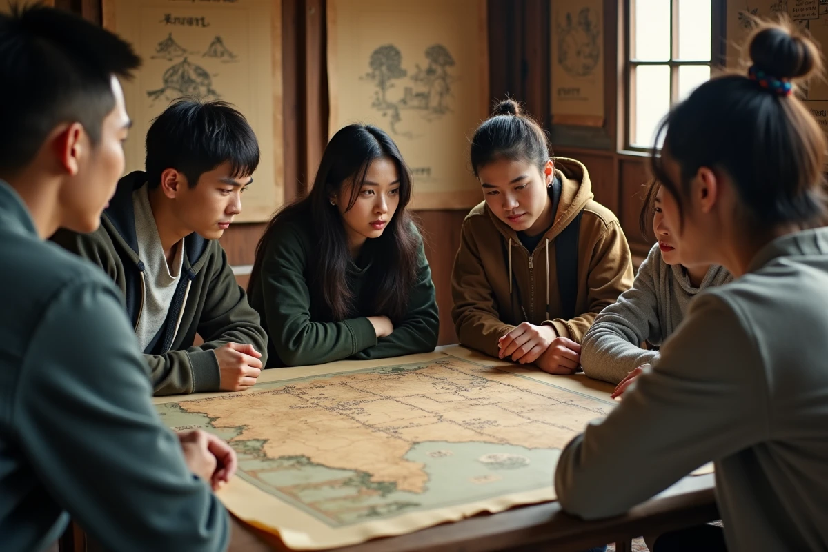 Jeunes adultes discutant autour de cartes et rouleaux