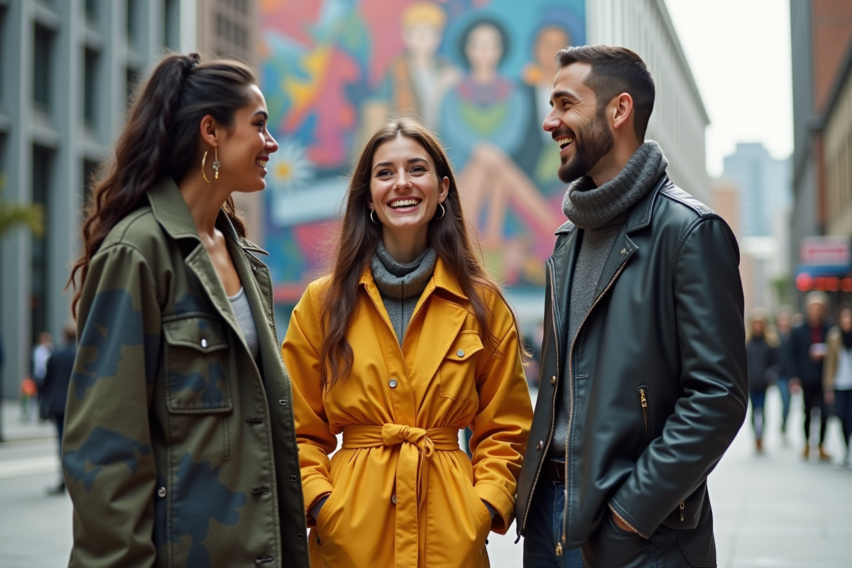 Jeunes adultes en vêtements modernes dans une place urbaine