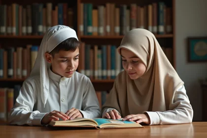 Adolescent lisant un livre illustré sur Malik bin Anas dans une bibliothèque