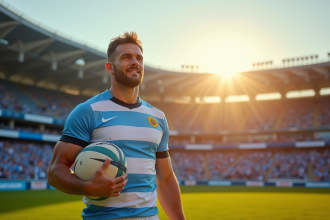 Joueur de rugby argentin fière sur le terrain au lever du soleil