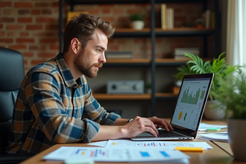 Joueur adulte analysant les données économiques du jeu Simagri sur un ordinateur portable entouré de graphiques agricoles imprimés