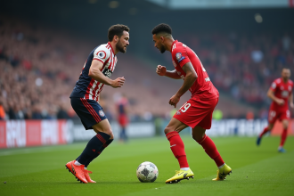 Deux joueurs de football en action sur le terrain avec tension