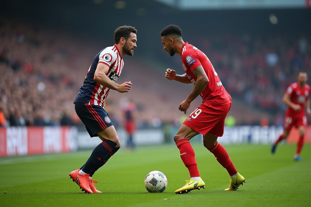 Deux joueurs de football en action sur le terrain avec tension