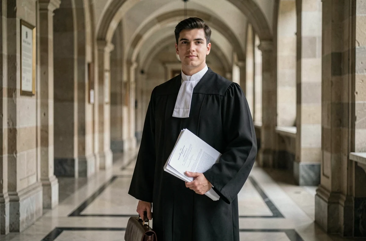 Jeune avocat en robe noire dans le couloir du palais de justice de Besançon tenant un dossier