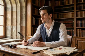 Jeune homme en costume du XIXe siècle assis à un bureau ancien avec des manuscrits, évoquant Julien Sorel dans Le Rouge et le Noir de Stendhal