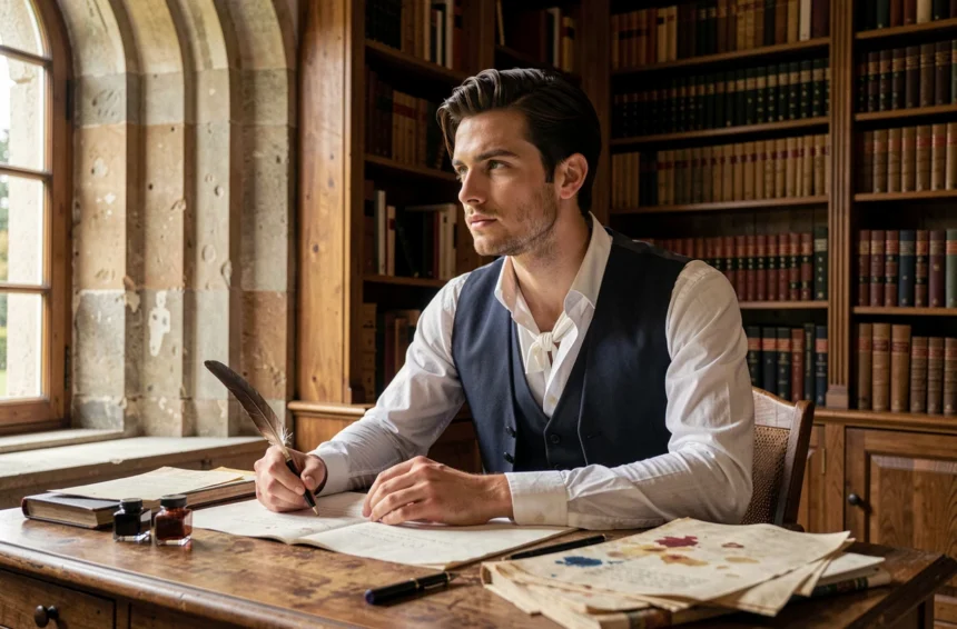 Jeune homme en costume du XIXe siècle assis à un bureau ancien avec des manuscrits, évoquant Julien Sorel dans Le Rouge et le Noir de Stendhal