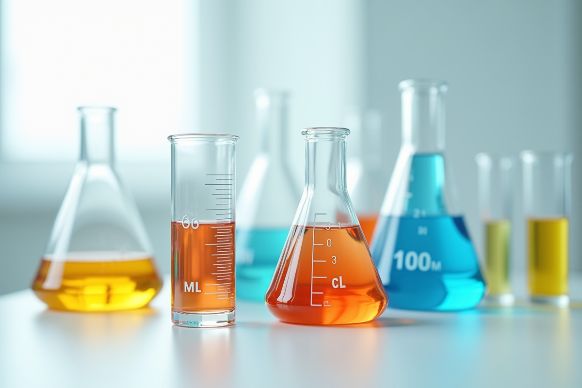 Verres de laboratoire avec liquides colorés et marquages 100 cl et 1000 ml