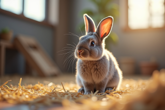 Lapin nain lop assis sur du foin dans une cage lumineuse