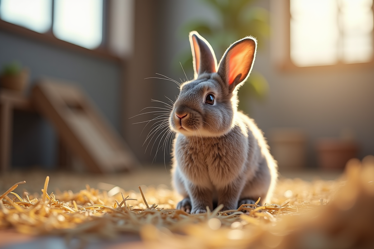 Lapin nain lop assis sur du foin dans une cage lumineuse