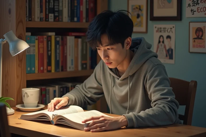 Jeune homme lisant un manga japonais assis à un bureau en bois entouré de volumes de mangas