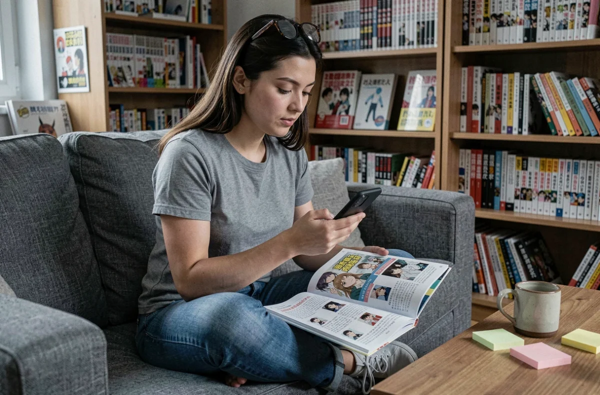 Jeune femme lisant un scan One Piece et parcourant les théories de la communauté sur son smartphone depuis son canapé