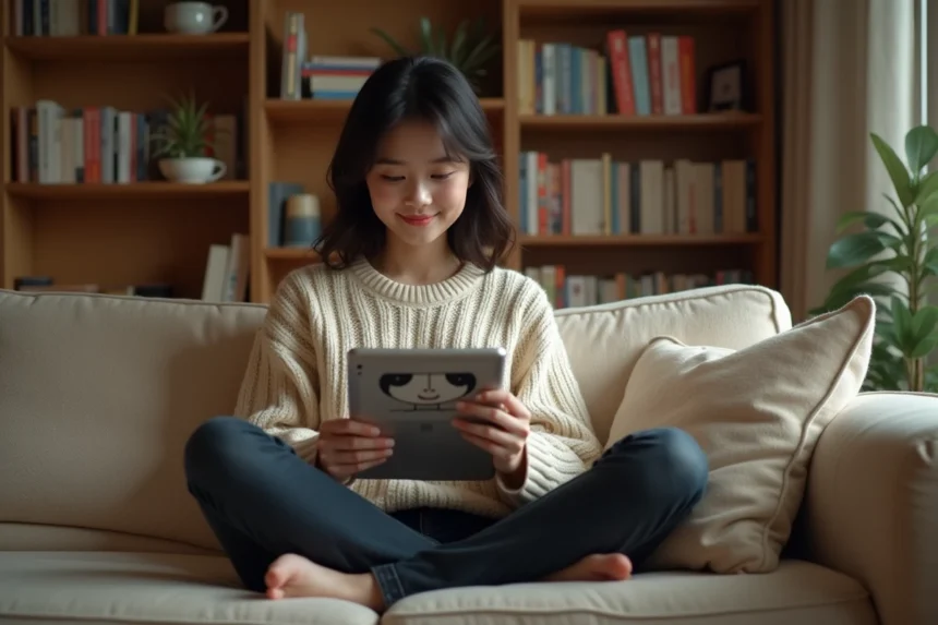 Jeune femme lisant un manga en ligne sur une tablette depuis son canapé avec l'application Elipson Scan