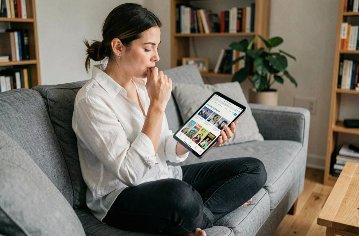 Femme lisant un manwha en version française sur une tablette depuis son canapé, expression concentrée