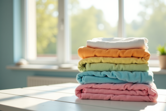 Pile de vêtements propres et colorés sur une table en bois blanc