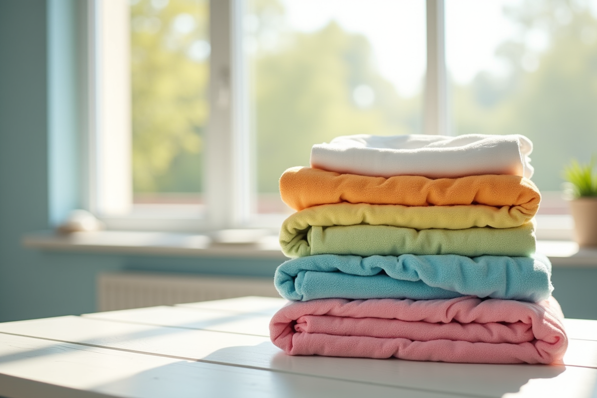 Pile de vêtements propres et colorés sur une table en bois blanc