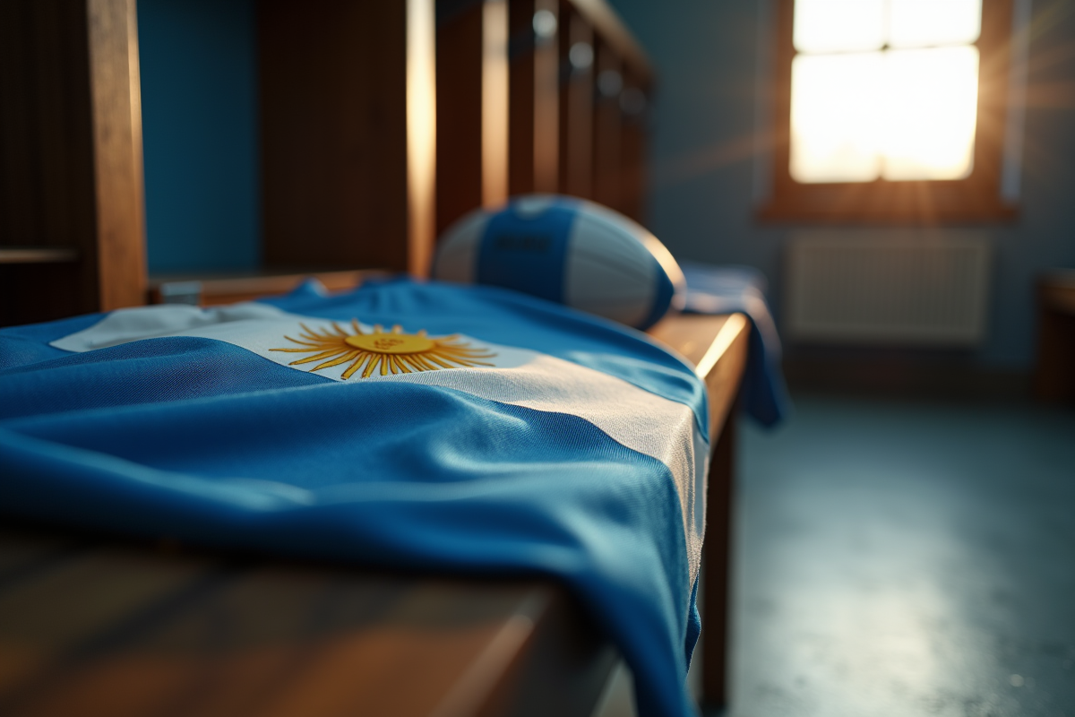 Maillot de rugby argentin sur un banc en vestiaire