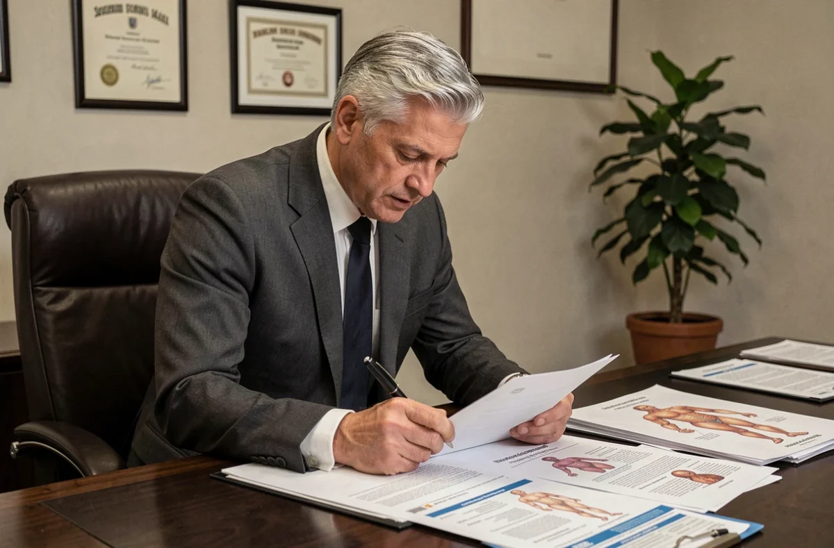 Avocat spécialisé en dommages corporels examinant des documents médicaux et de responsabilité civile