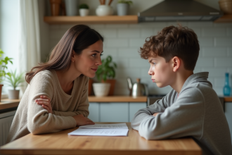 Femme corrigeant un garçon à la cuisine dans un moment familial