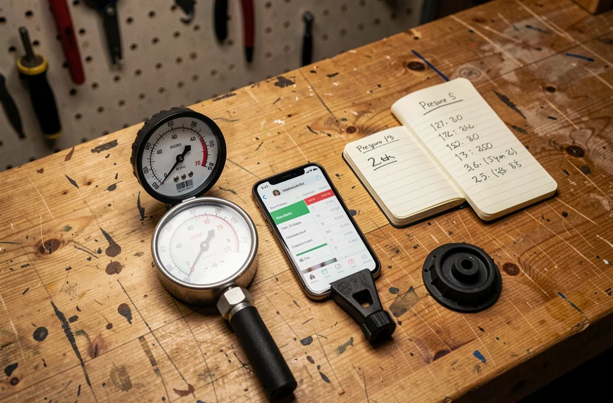 Vue de dessus d'un manomètre analogique bar et psi, smartphone avec tableau de conversion et carnet de notes sur un établi de garage