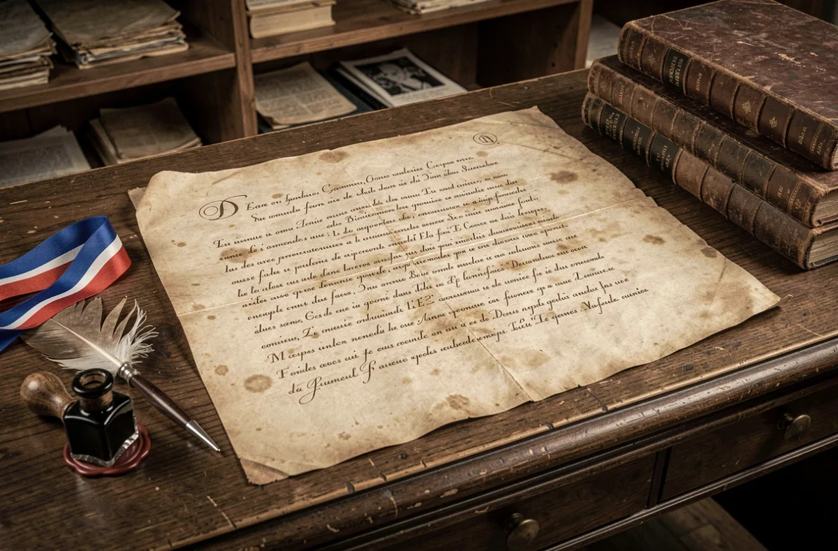 Manuscrit historique du XVIIIe siècle évoquant l'origine de La Marseillaise sur un bureau en bois ancien avec plume et ruban tricolore