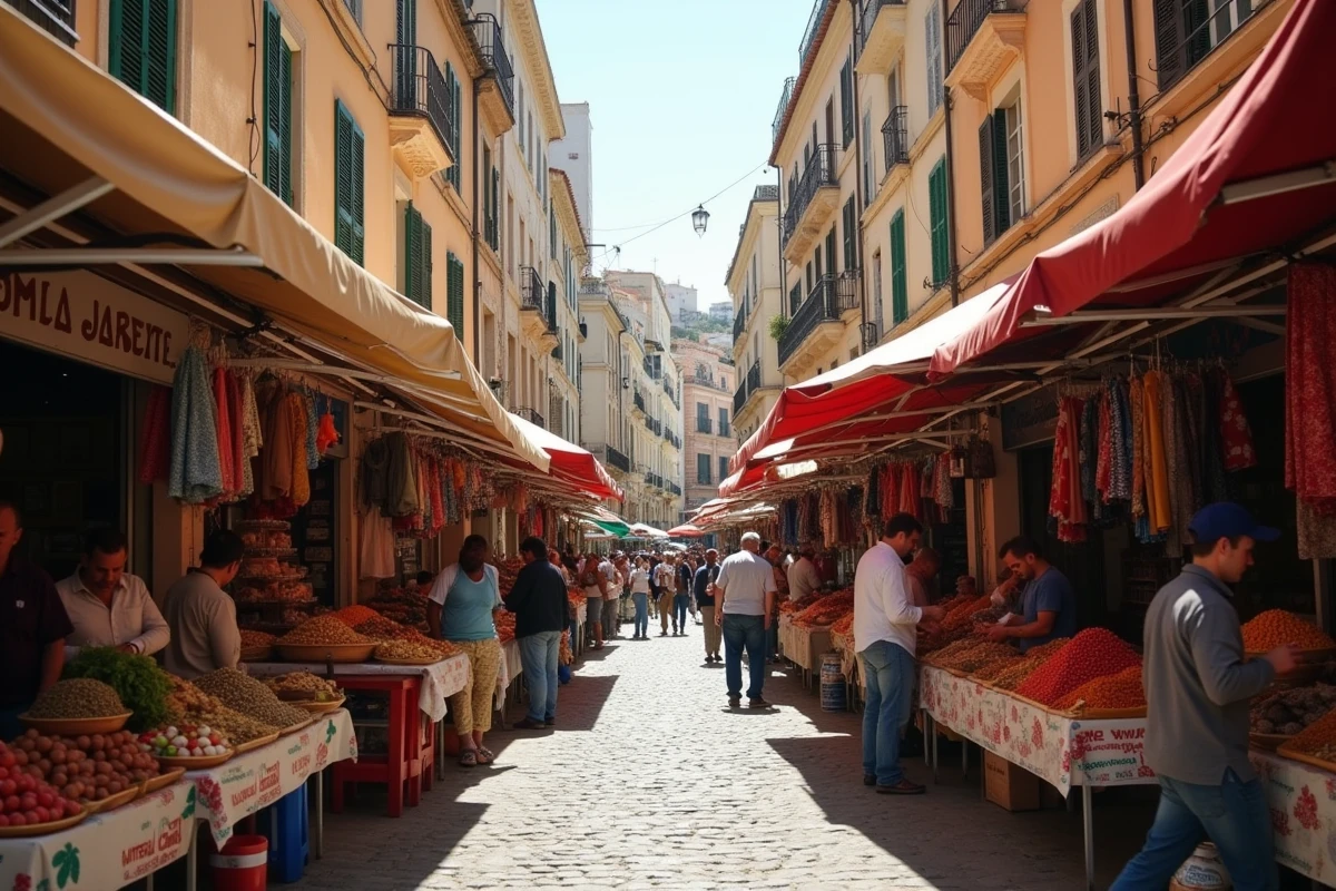 Marché de quartier animé à Marseille reflétant la diversité culturelle et la vie quotidienne des habitants de la ville