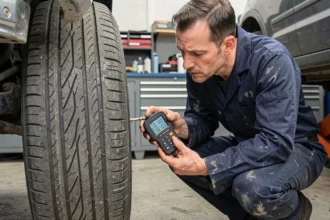 Mécanicien professionnel utilisant un manomètre numérique affichant bar et psi pour vérifier la pression des pneus dans un garage automobile