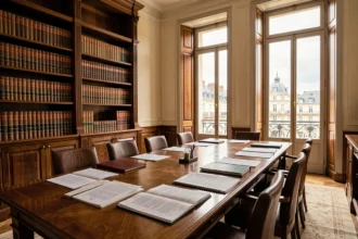 Vue d'ensemble d'un cabinet d'avocats à Besançon avec livres juridiques et documents sur une table en bois