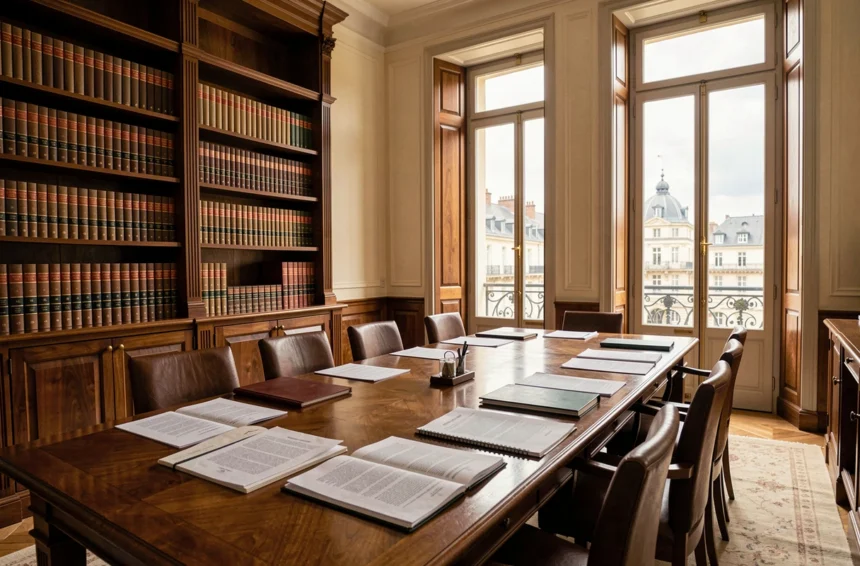 Vue d'ensemble d'un cabinet d'avocats à Besançon avec livres juridiques et documents sur une table en bois