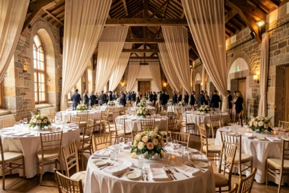 Vue grand angle d'une salle de réception élégante dans le Grand Est décorée pour un événement d'entreprise avec tables rondes fleuries et murs en pierre