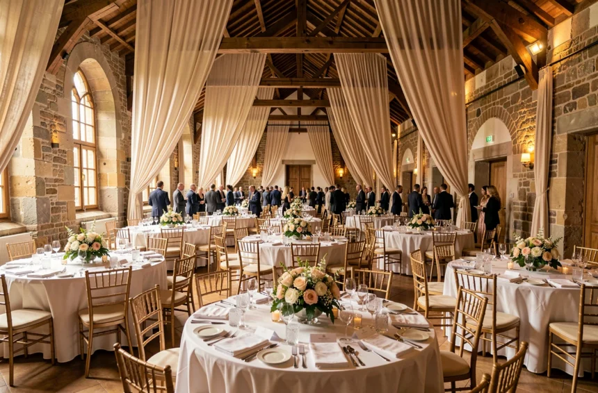 Vue grand angle d'une salle de réception élégante dans le Grand Est décorée pour un événement d'entreprise avec tables rondes fleuries et murs en pierre