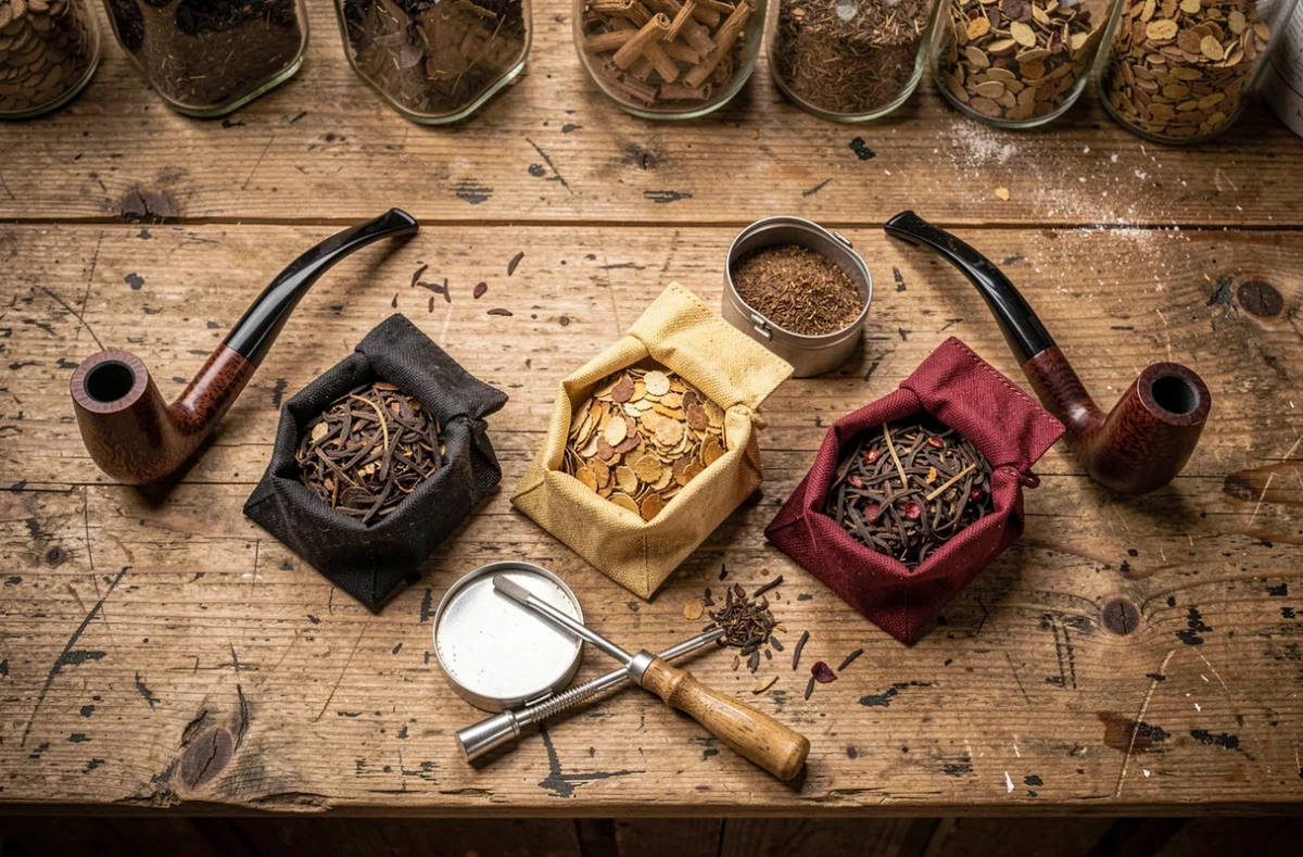 Assortiment de mélanges de tabac à pipe en vrac disposés sur une table en chêne rustique dans une boutique de tabac