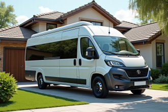 Minibus familial moderne devant une maison de banlieue lumineuse