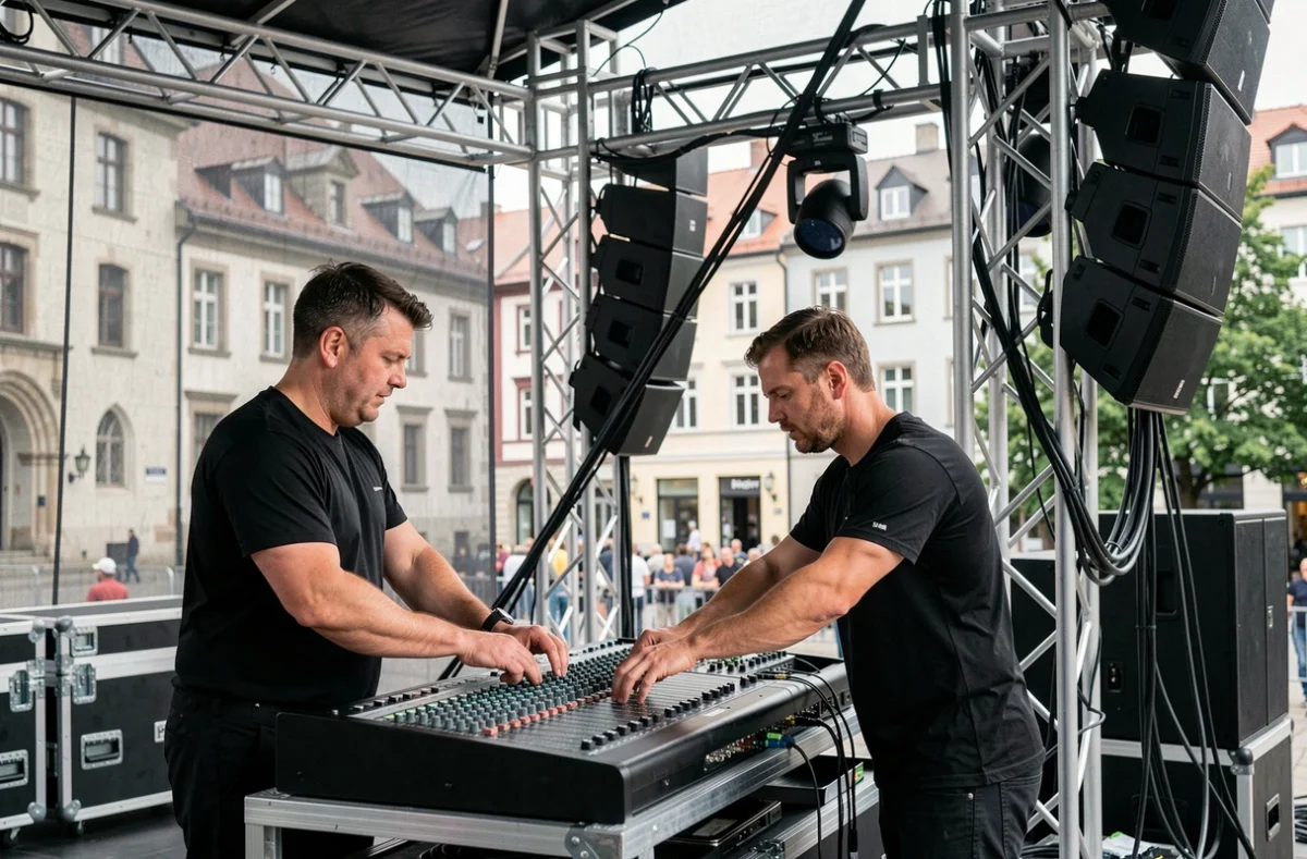 Équipe technique de production événementielle montant une scène extérieure à Strasbourg avec console de mixage et structure de truss avec systèmes de sonorisation