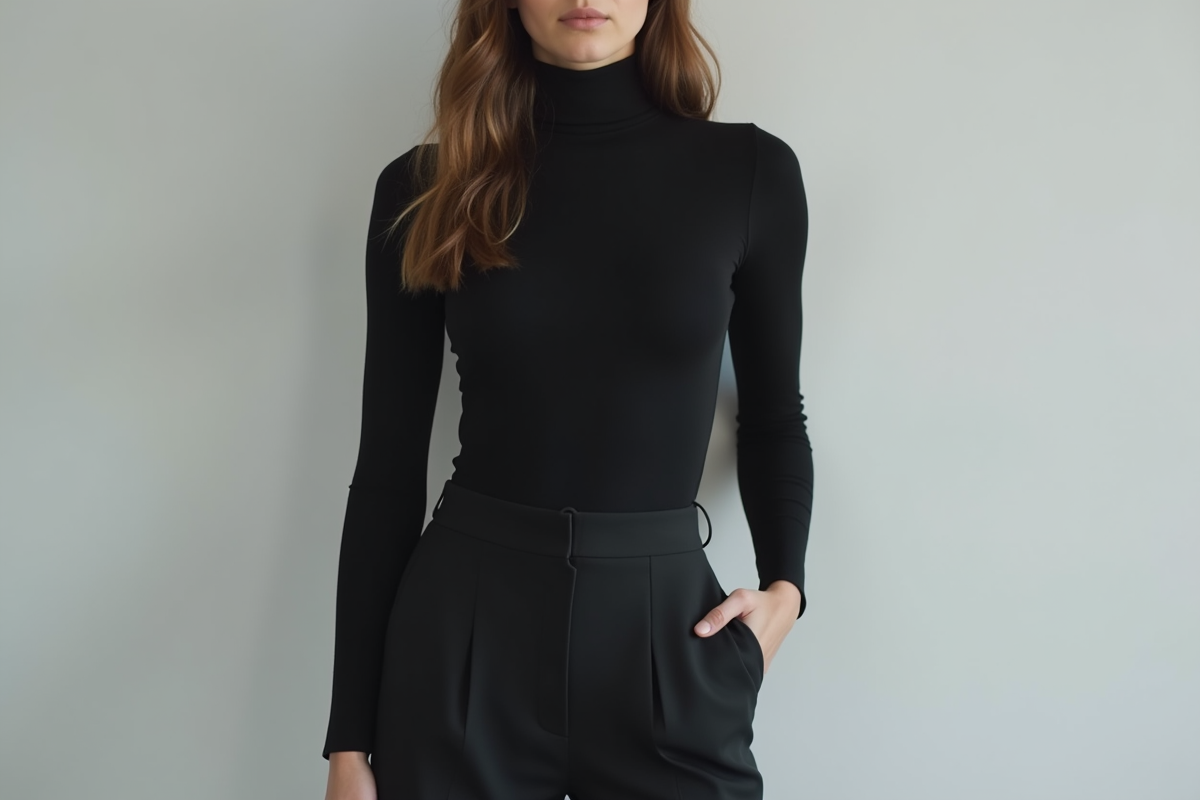 Femme en tenue minimaliste noire sur fond gris clair