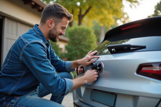 Homme installant une camera de secours sur une voiture