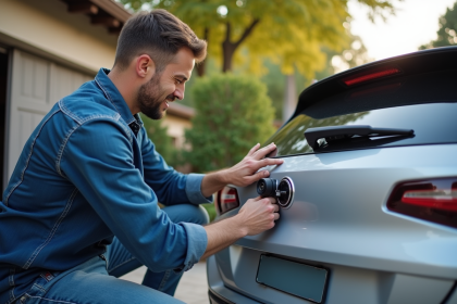 Homme installant une camera de secours sur une voiture