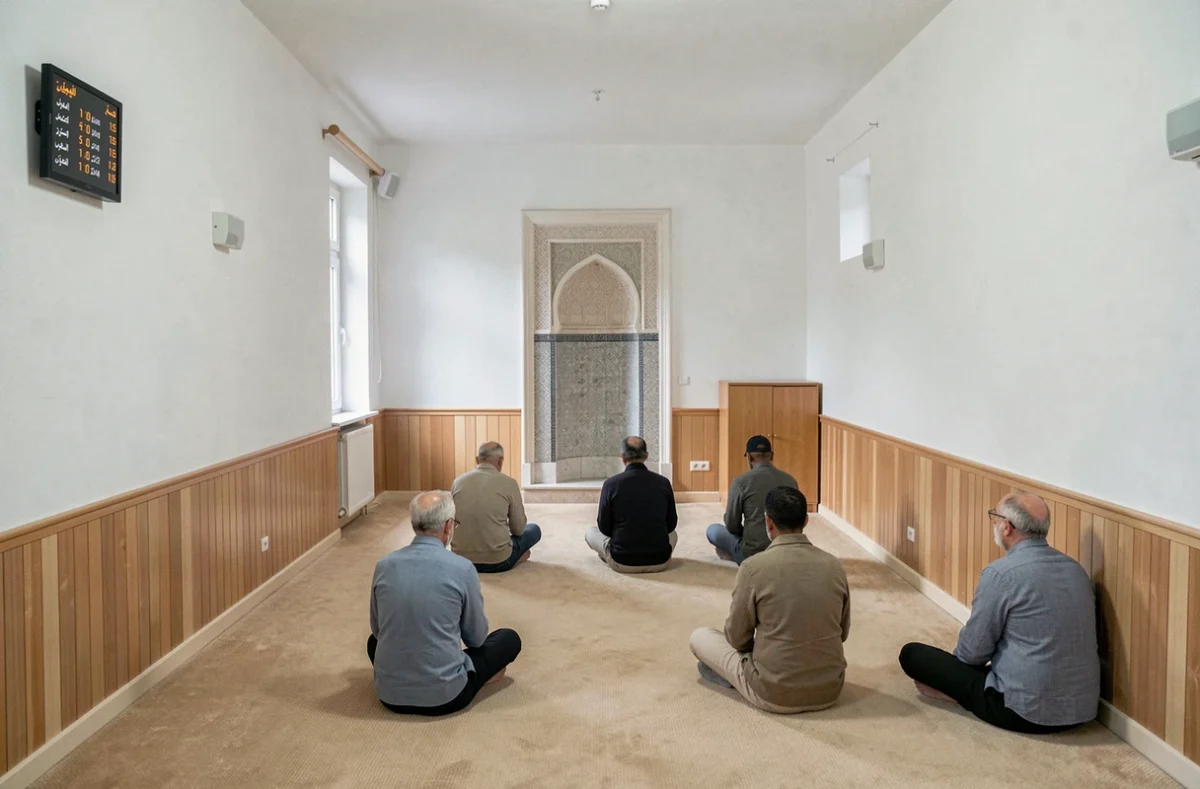 Intérieur d'une mosquée à Rennes pendant le ramadan avec horloge des heures de prière