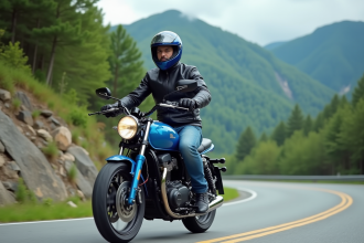 Homme en moto sur route de montagne verte