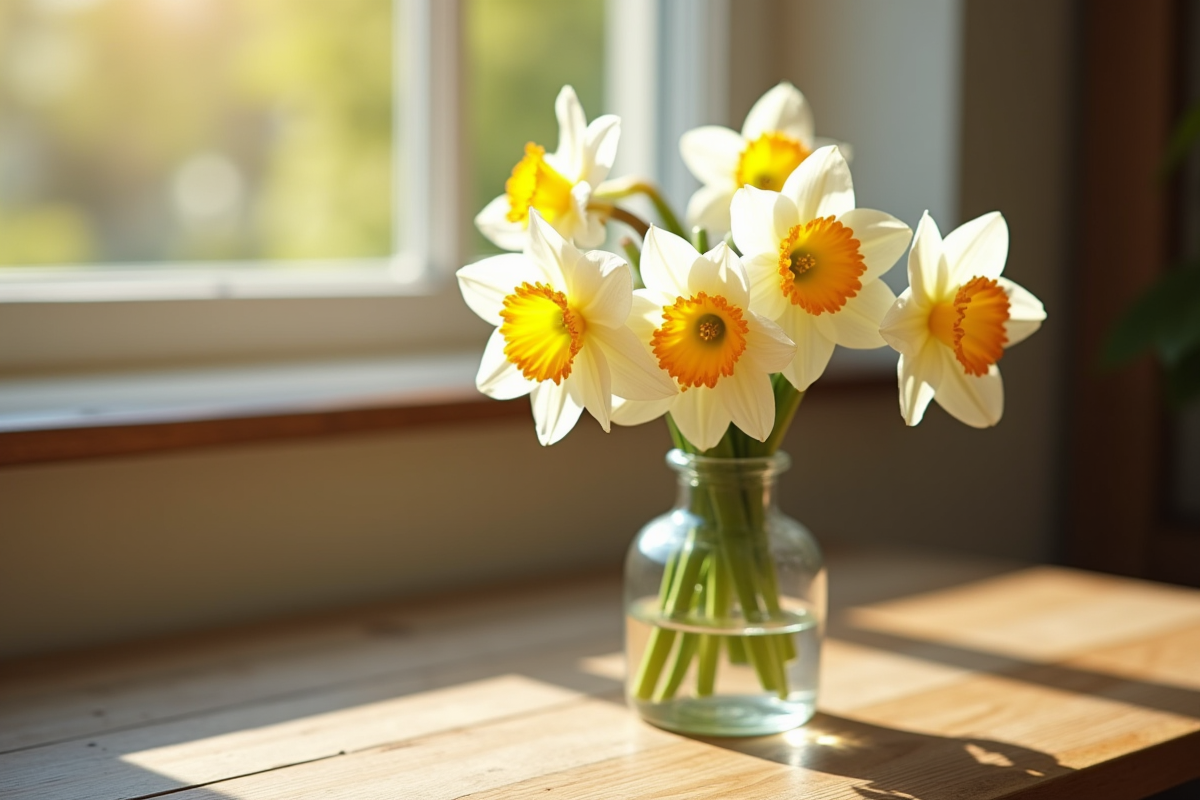 Groupe de narcisses dans un vase vintage sur une table en bois